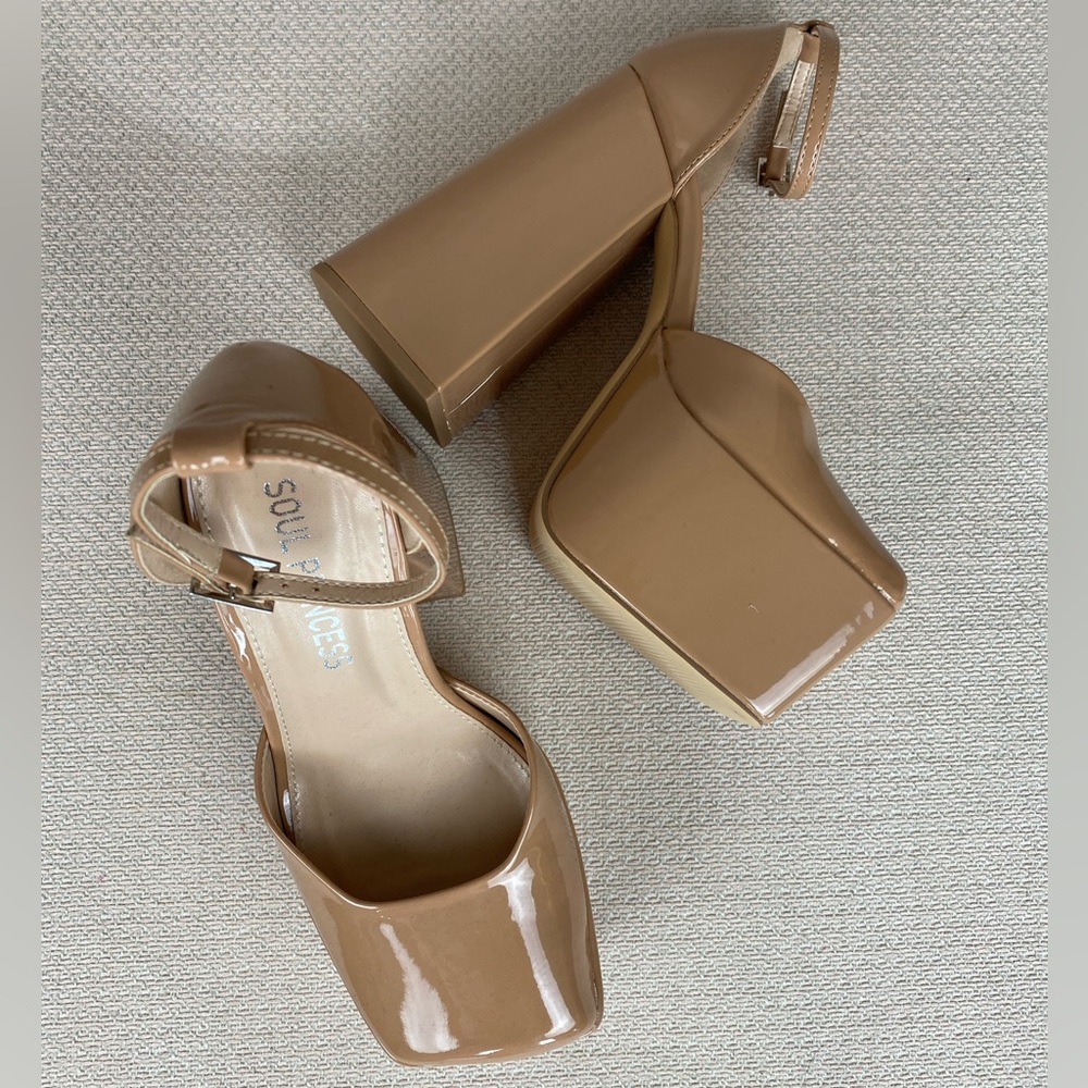 SOUL PRINCESS Nude Platform Chunky Heel Patent Square Toe Heels, Sz 5.5